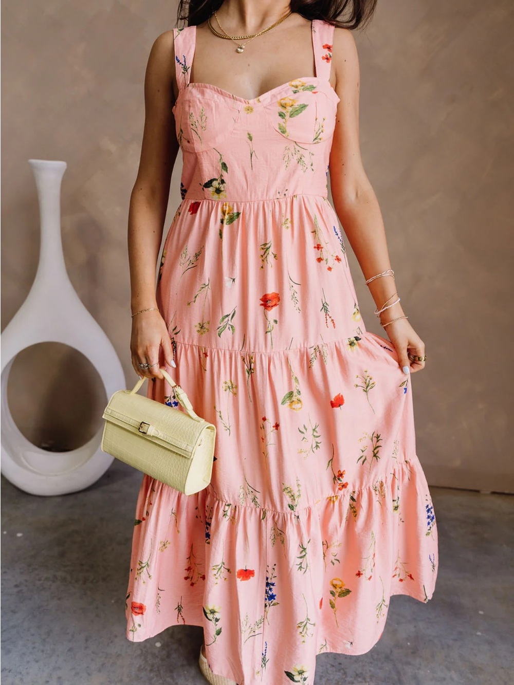 Pink Floral Tiered Sundress - Women's Sleeveless Midi Dress
